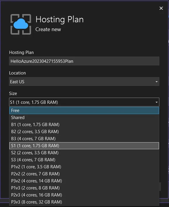 Select hosting plan size